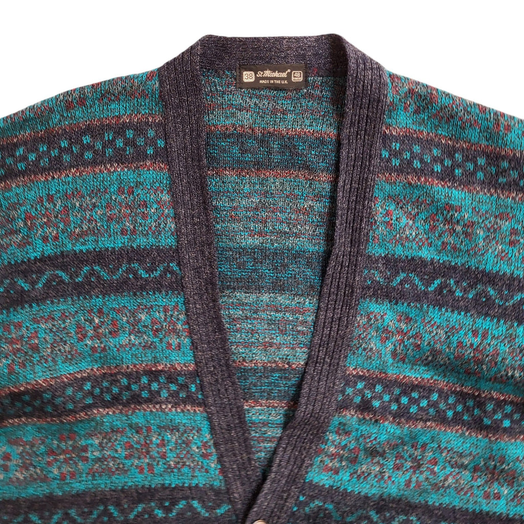 St Michael Vintage 90s Blue Geometric Cardigan UK Men's Size Large