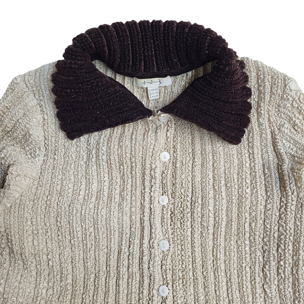 Un Deux Trois Vintage 80s Beige & Brown Crinkled Cardigan UK Women's Size M