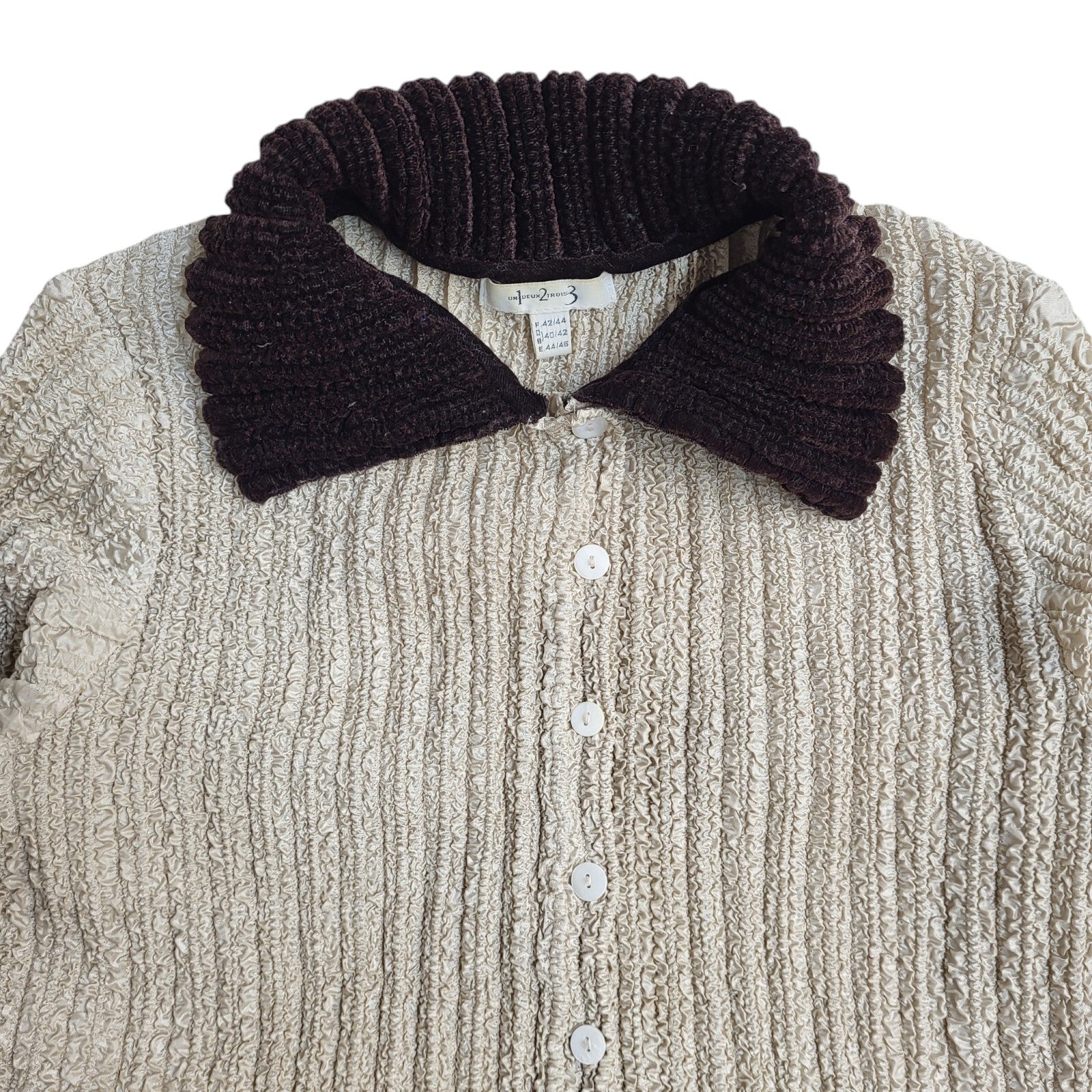 Un Deux Trois Vintage 80s Beige & Brown Crinkled Cardigan UK Women's Size M