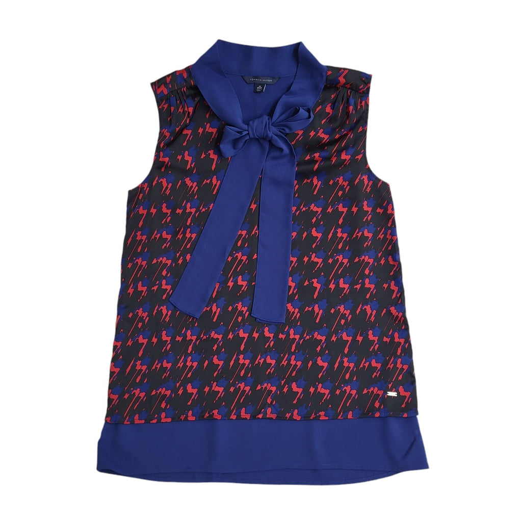 Tommy Hilfiger Blue, Black & Red Sleeveless Tie Neck Top Women's UK Size XS