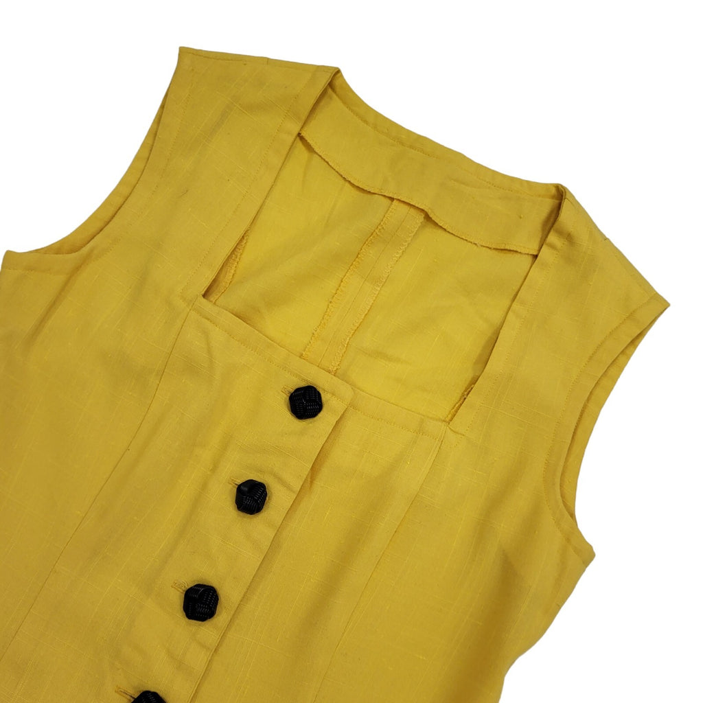 80s Vintage Yellow Button Up Cotton Sheath Dress Women's 10