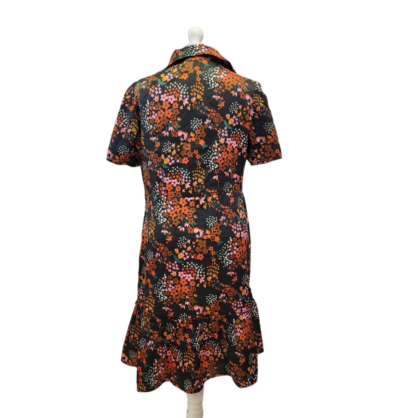 70s Vintage Black & Pink Floral Dress Women's Size 14 EU 42