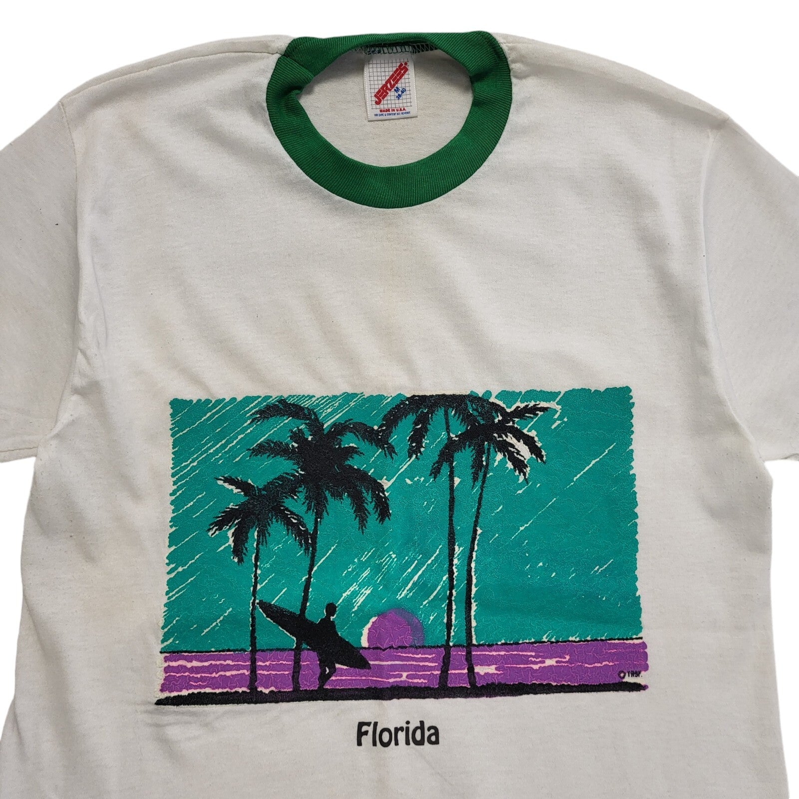Jerzees Vintage 80's White Florida Single Stitch T-Shirt Mens UK Size M