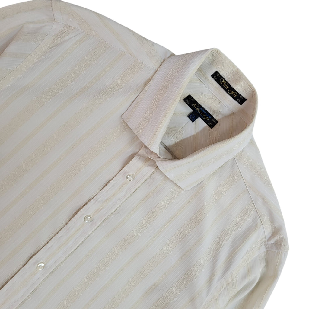 Point Zero Luxury White & Cream Striped 70s Long Sleeve Shirt UK Men's Size L