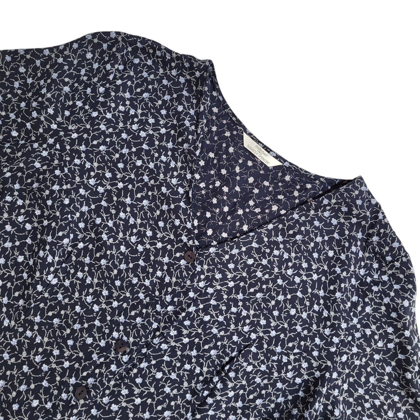 M & S Vintage Dress 90's Navy A-Line Buttoned Midi Dress Womens Uk 14