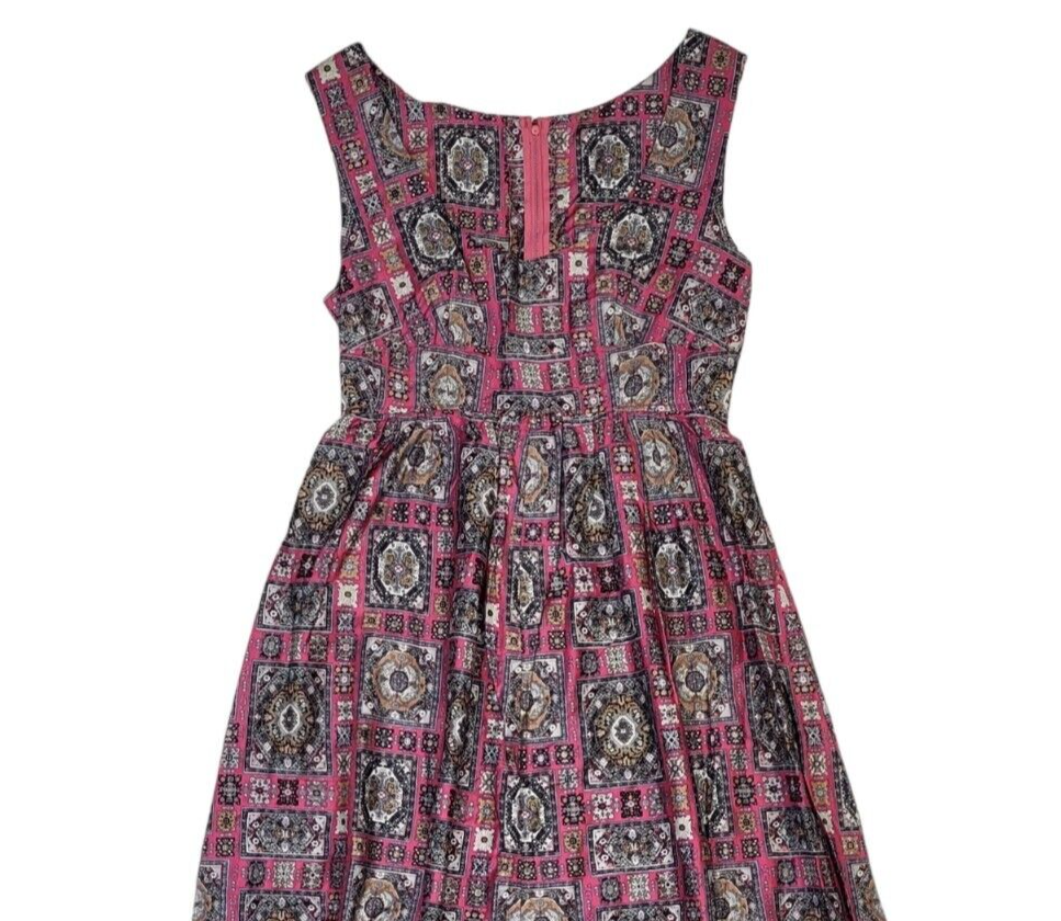 70s Vintage Pink & Grey Retro Print Pinafore Maxi Dress Women's Size 6