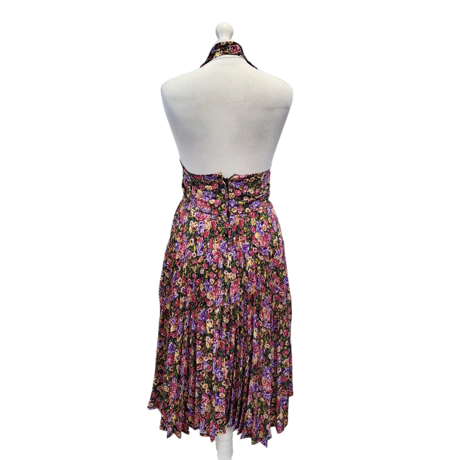 Tilers 90s Vintage Purple Floral Print Pleated Halterneck Dress Women's Size 10