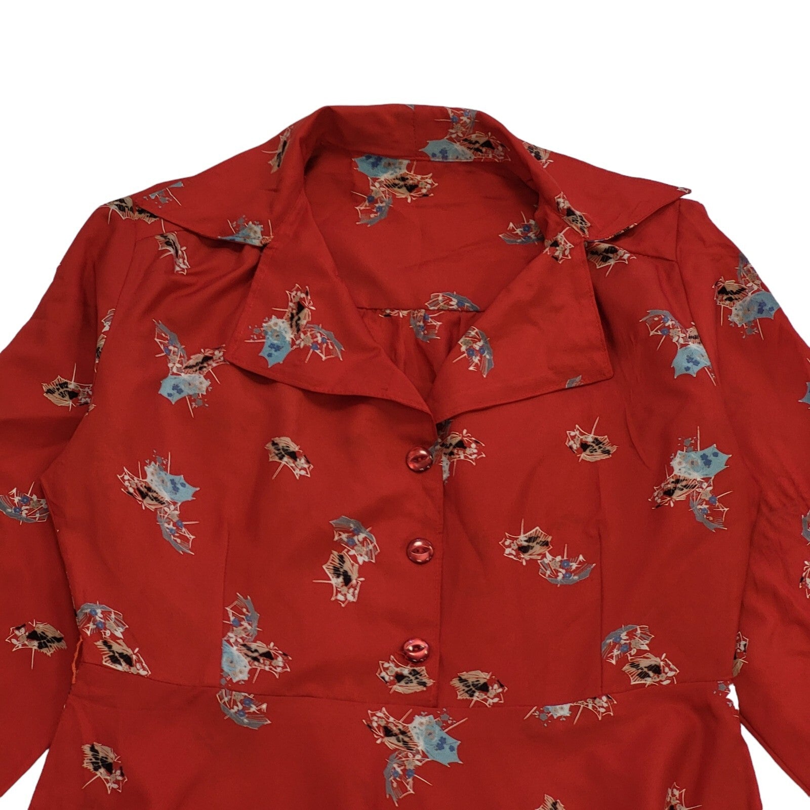 70s Vintage Red Novelty Print Umbrella Buttoned Mini Dress Women's Size 14/16
