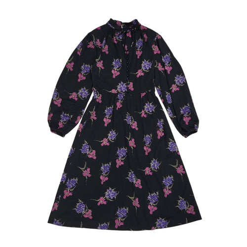 70s Vintage Black & Pink Floral Tied Neck Midi Dress Women's 10