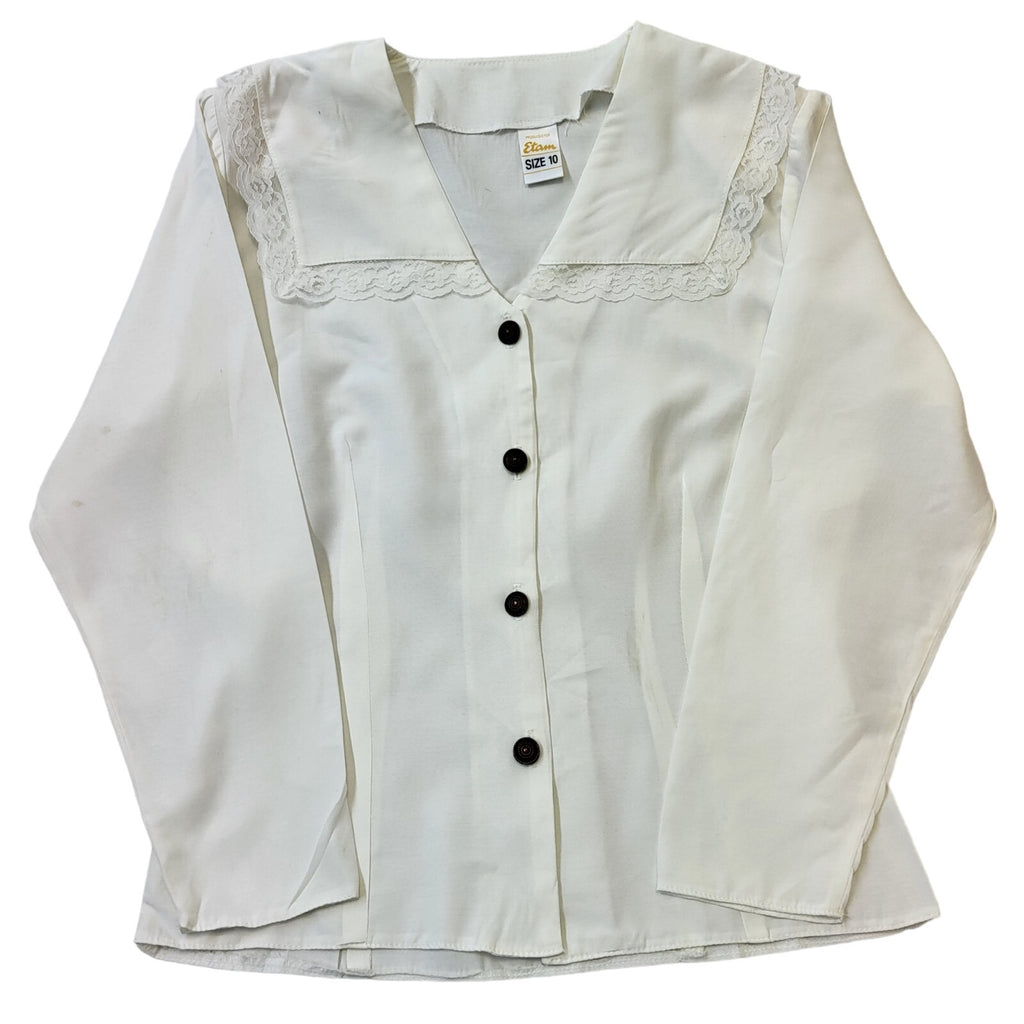 Etam 80s Vintage White Button Up Collared V-Neck Blouse Womens Size 10