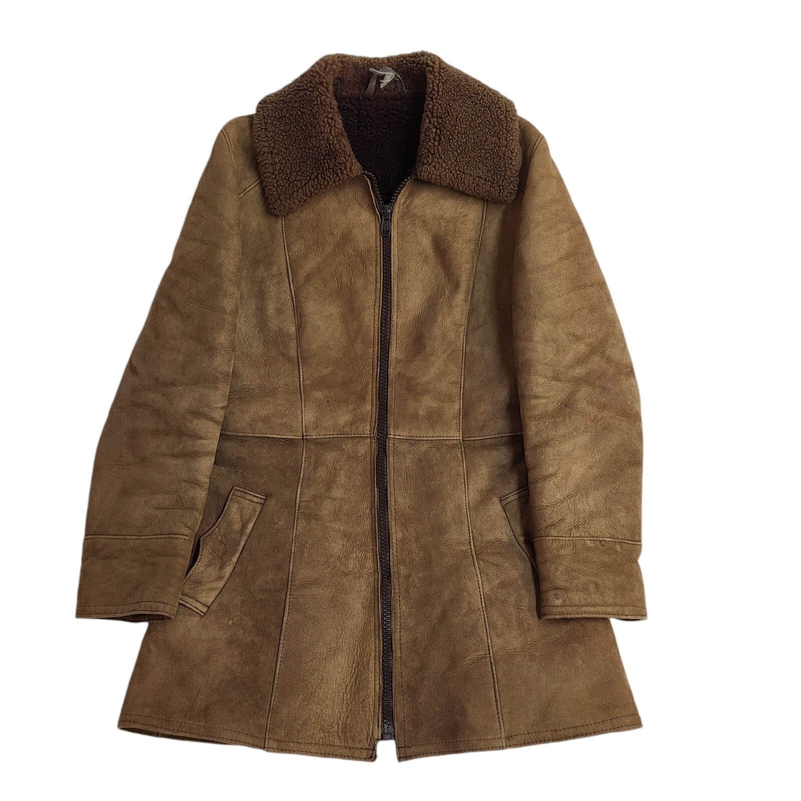 Vintage Brown 90s Zipped Suede Leather Coat Uk Women's Size Medium