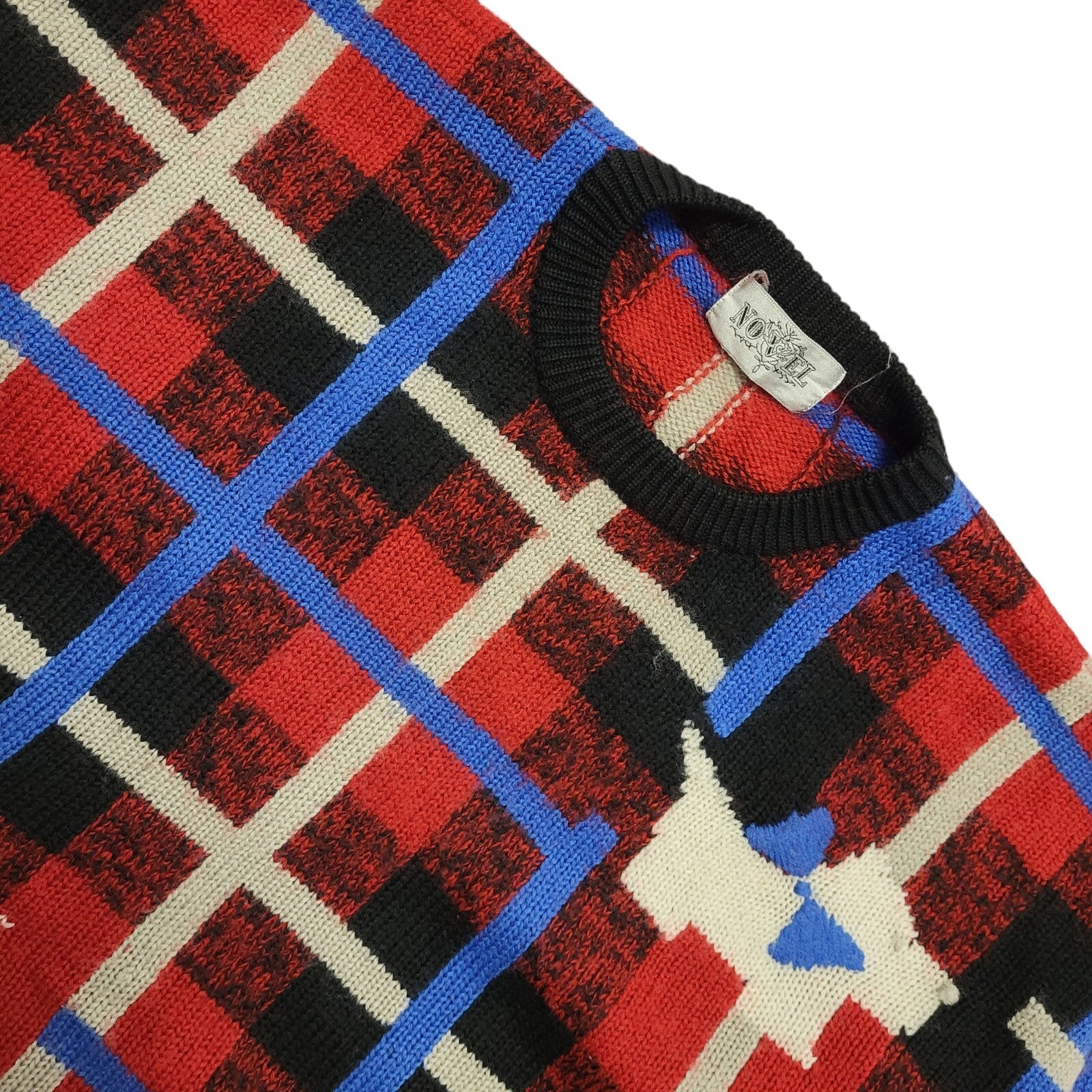 Novel Vintage 80's Black,Red & Blue Checked Jumper Womens UK Size 14