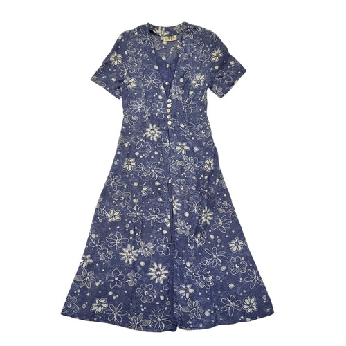 90s Vintage Get Gain Blue Floral Buttoned Daywear Dress Women's Size 10/12