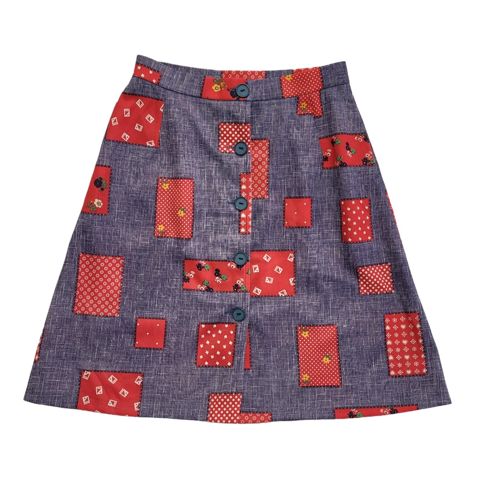 Lanz 70s Red & Blue Patchwork Button A-Line Knee Length Skirt Women's UK 8 W26