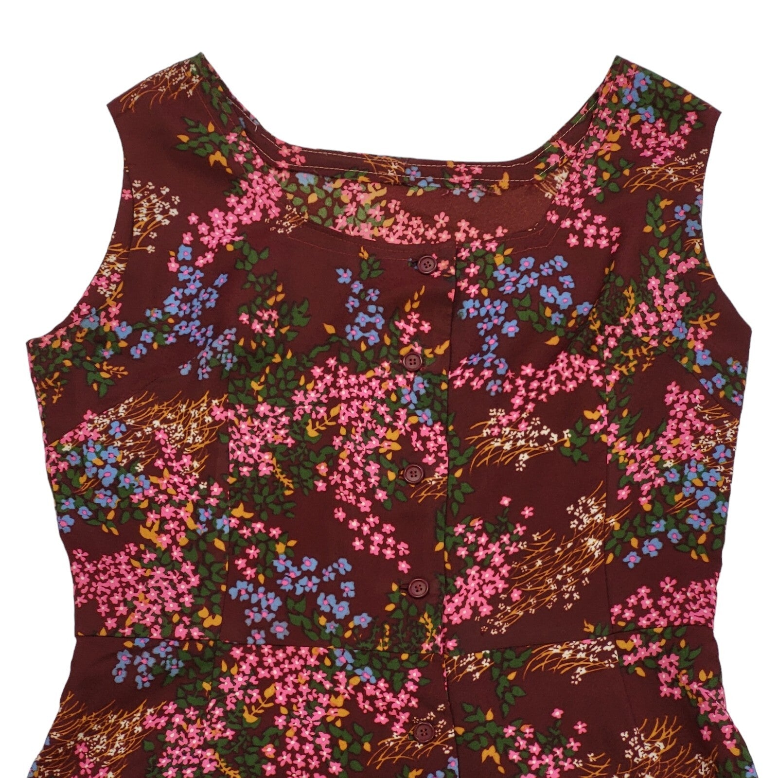 60s Vintage Burgundy, Pink & Lilac Floral Daywear Dress Women's Size 12/14