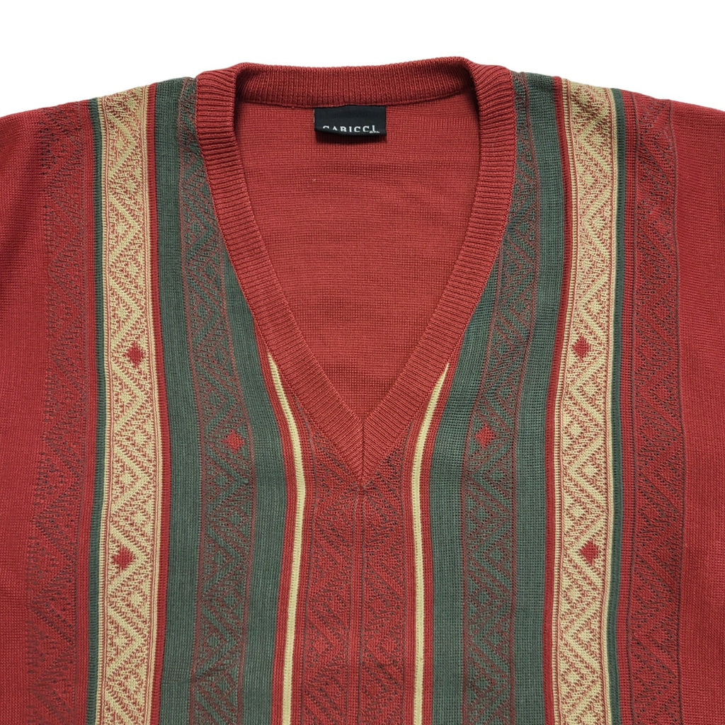 Gabicci Vintage 80s Red Green Striped V-Neck Jumper Men's UK 2XL