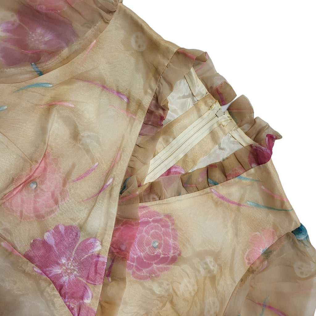 70s Vintage Brown Beige  Pink Flower Maxi V-Neck Dress Women's Size 12