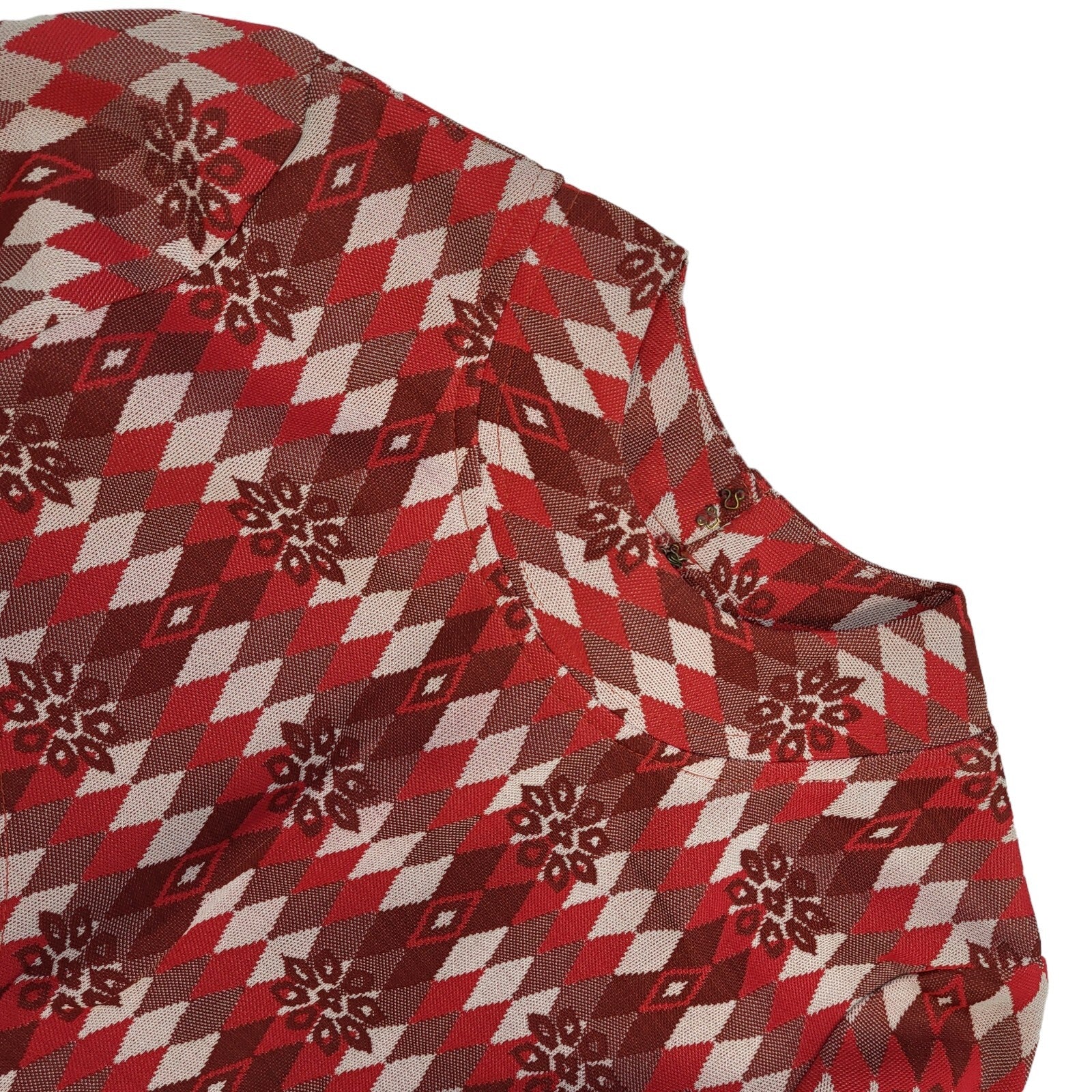 70s Vintage Red Geometric Long Sleeve Shift Dress Women's 12