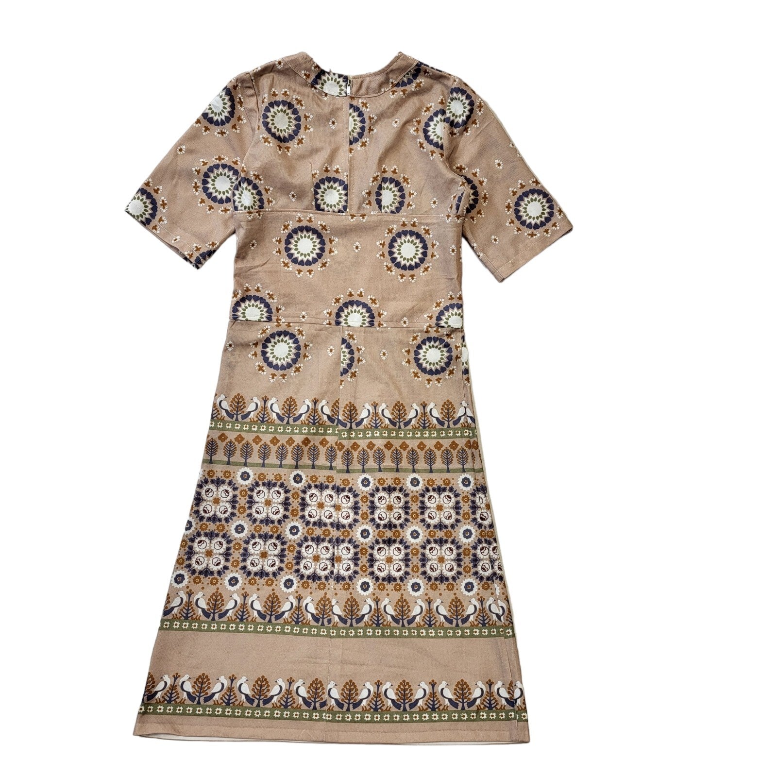 70s Vintage Beige Geometric A-Line Dress Women's Size 4-6