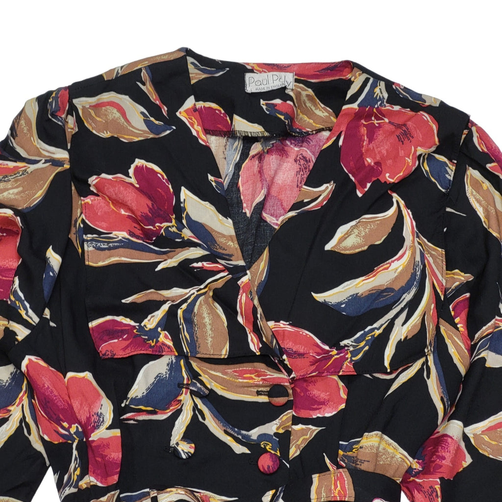 Paul Poly 80s Vintage Black & Red Floral Belted Daywear Dress Women's 12/14