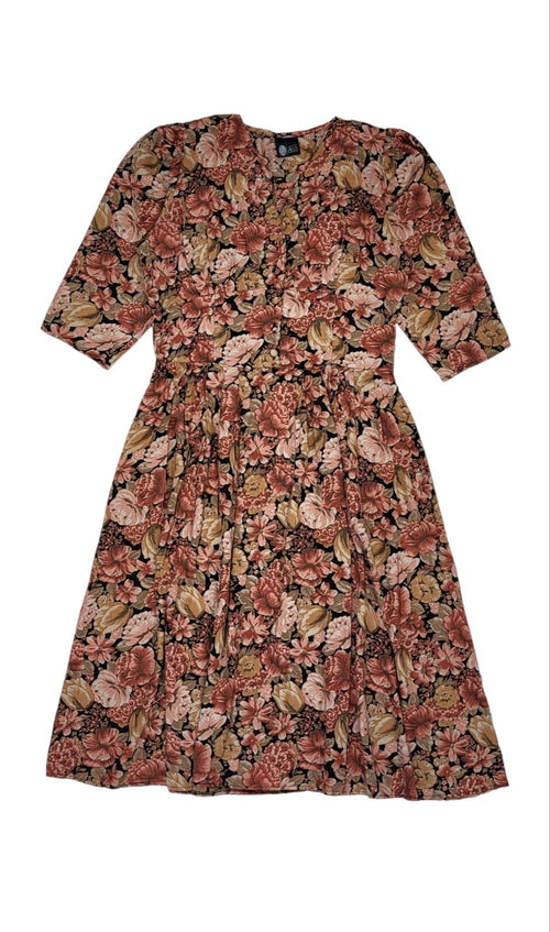 90s Vintage Sixth Sense Brown Floral Print Pleated Daywear Dress Women's Size 16