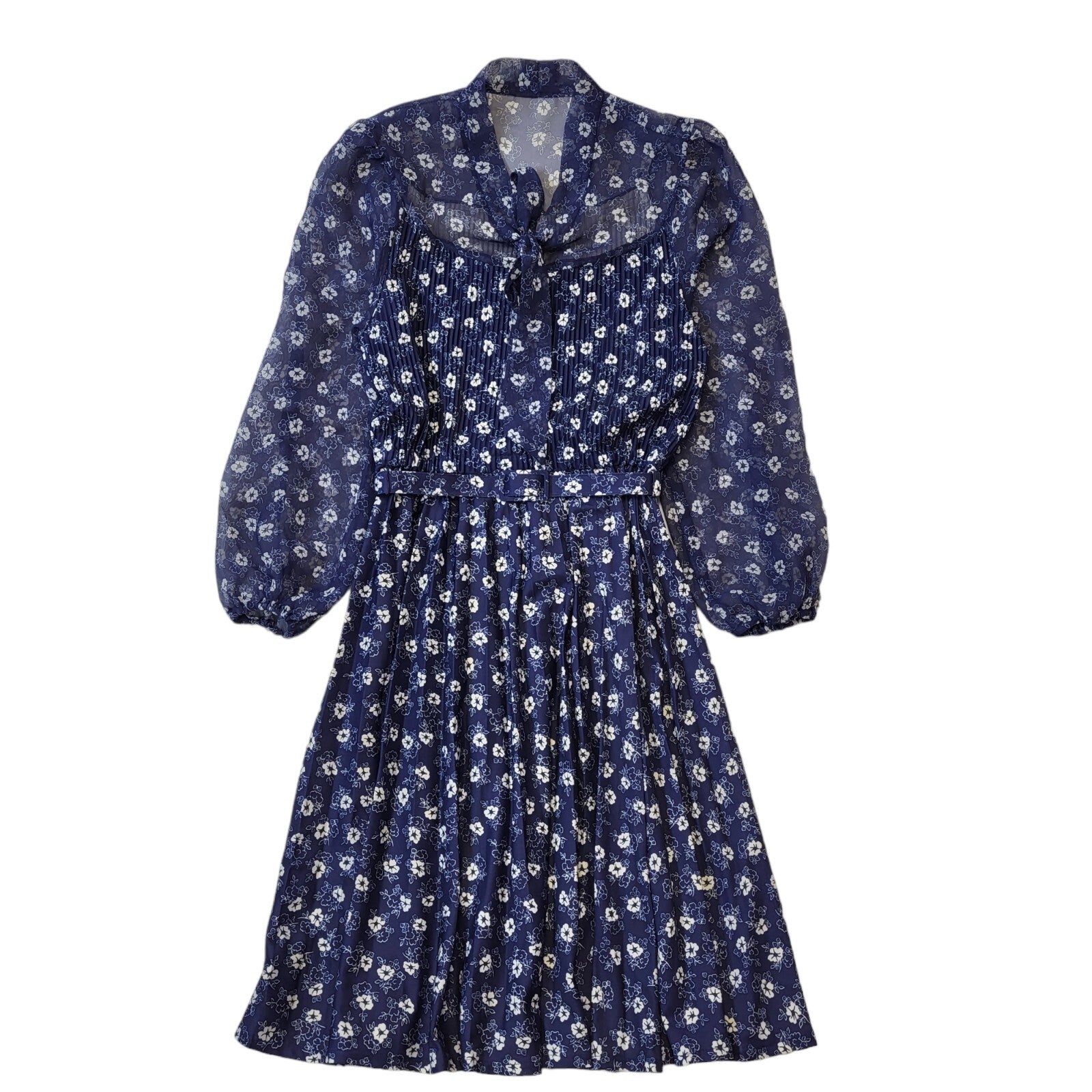 70s Vintage Blue & White Floral Daywear Dress Women's Size 16 Eu 44