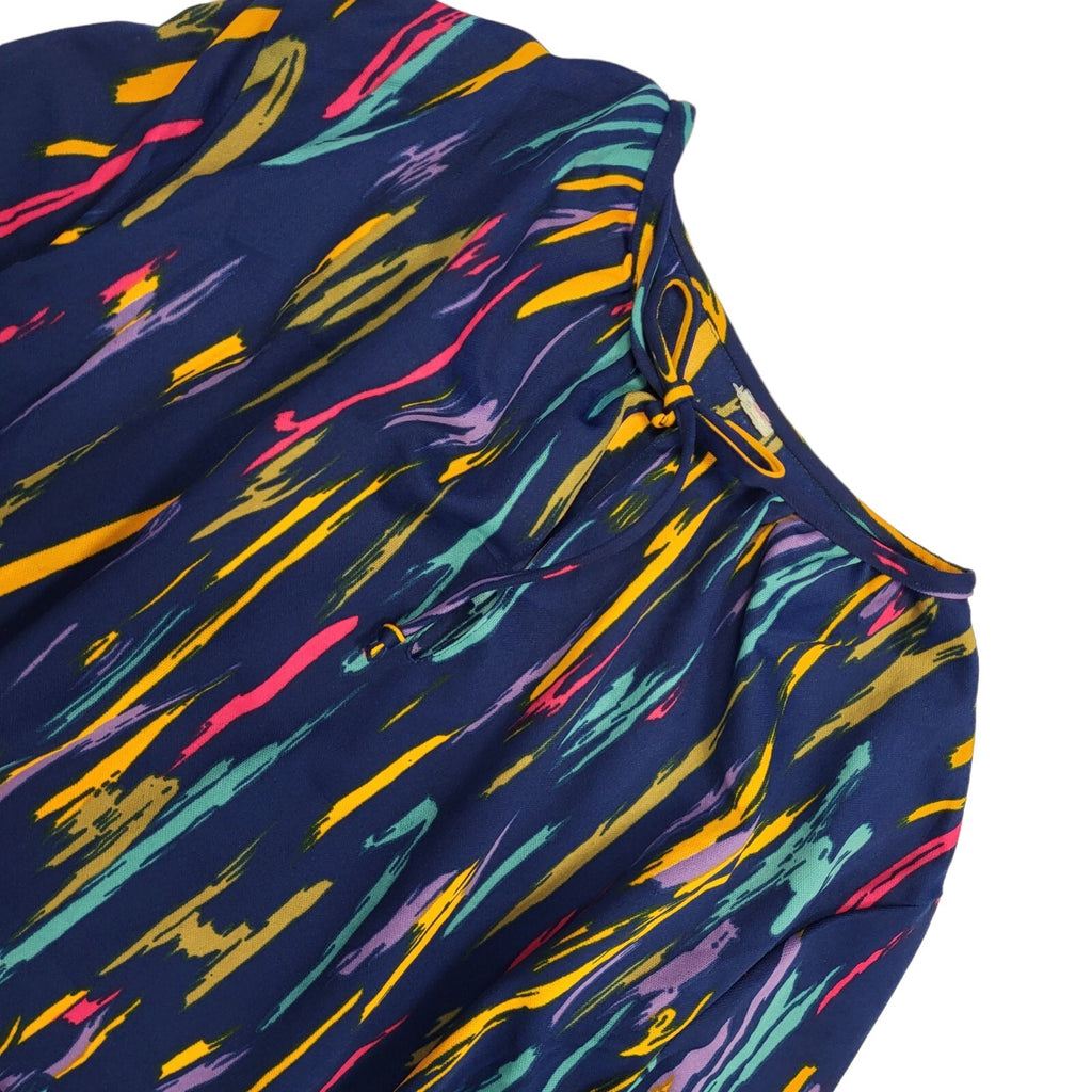 70s Vintage Navy, Blue, Yellow & Pink Tied Waist Shift Dress Women's 16/18