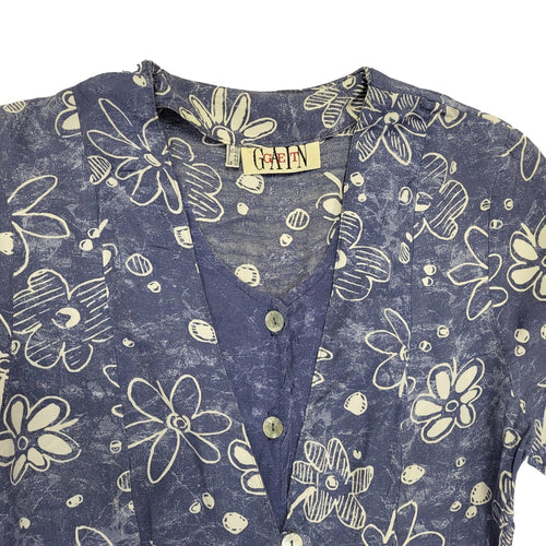 90s Vintage Get Gain Blue Floral Buttoned Daywear Dress Women's Size 10/12