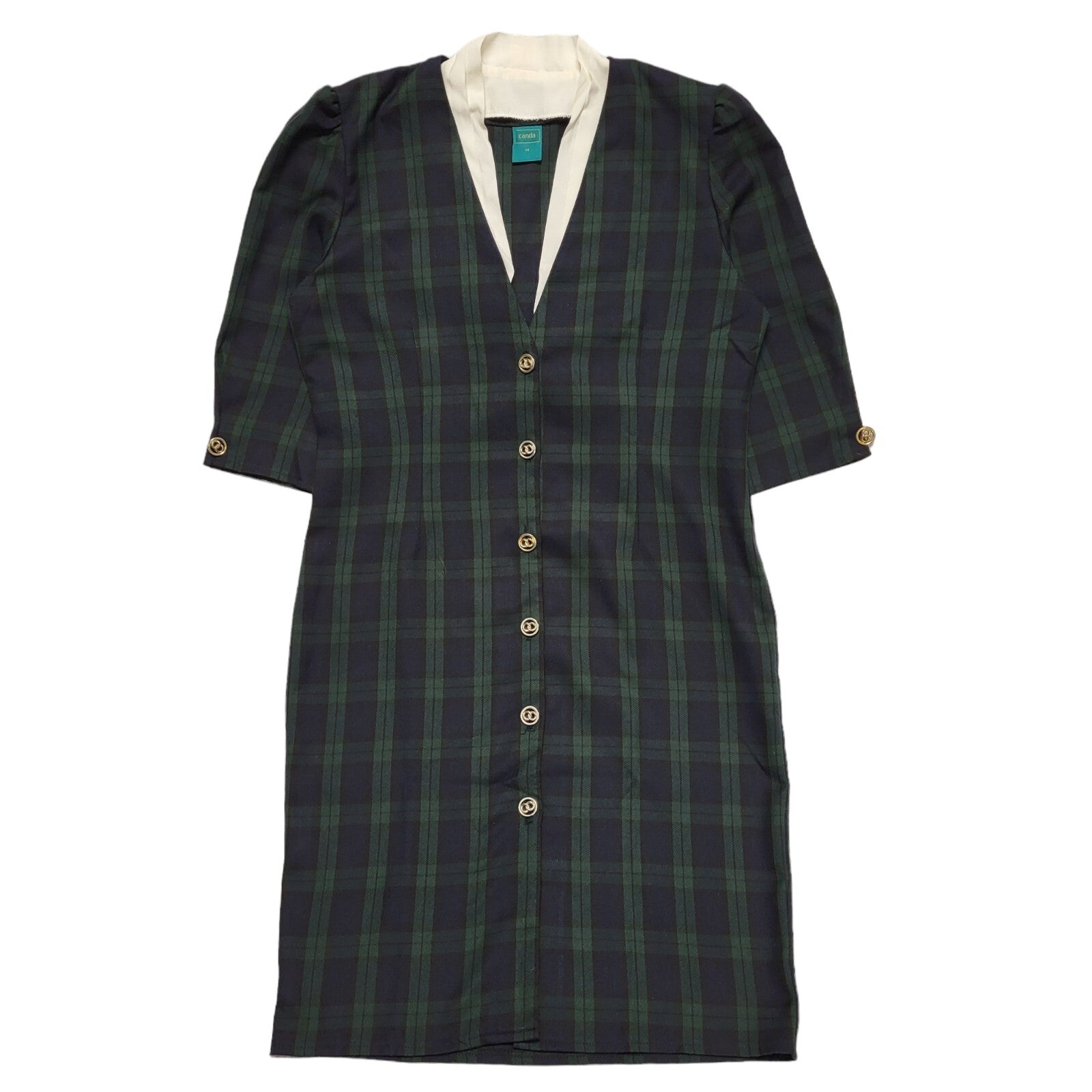 Canda Vintage 70s Blue Green Check 3/4 Sleeve Dress Uk Women's Size 14 W32