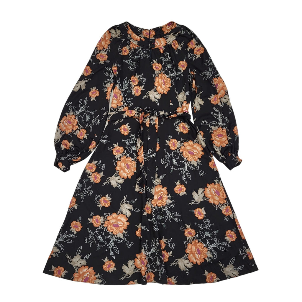 70s Vintage Black Floral Belted Balloon Sleeve A-Line Dress Women's 12