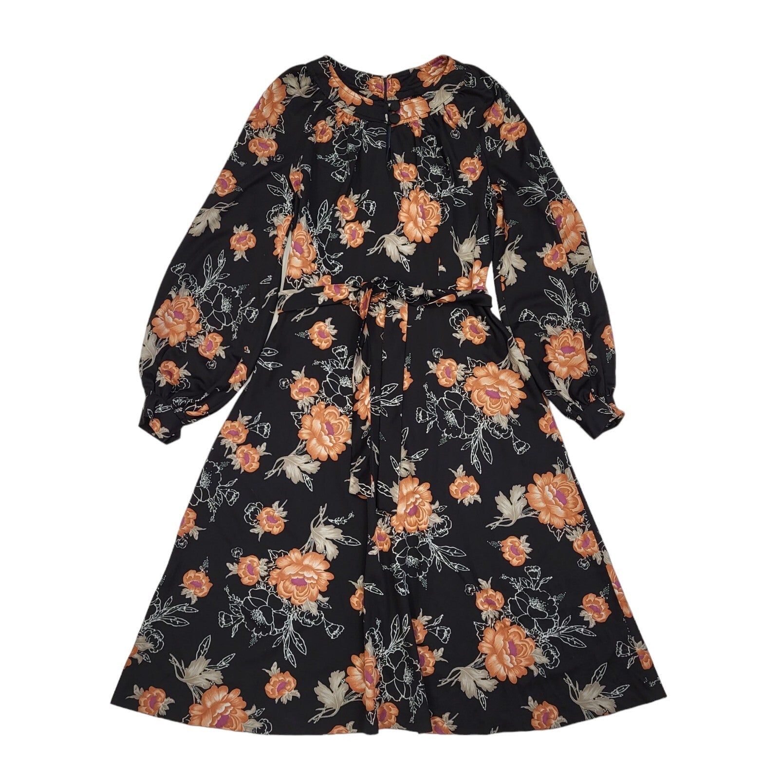 70s Vintage Black Floral Belted Balloon Sleeve A-Line Dress Women's 12