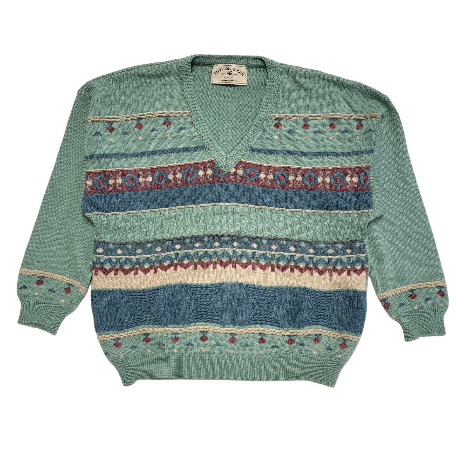 Elgo Collections Vintage 80s Green Geometric V-Neck Jumper Men's UK XL