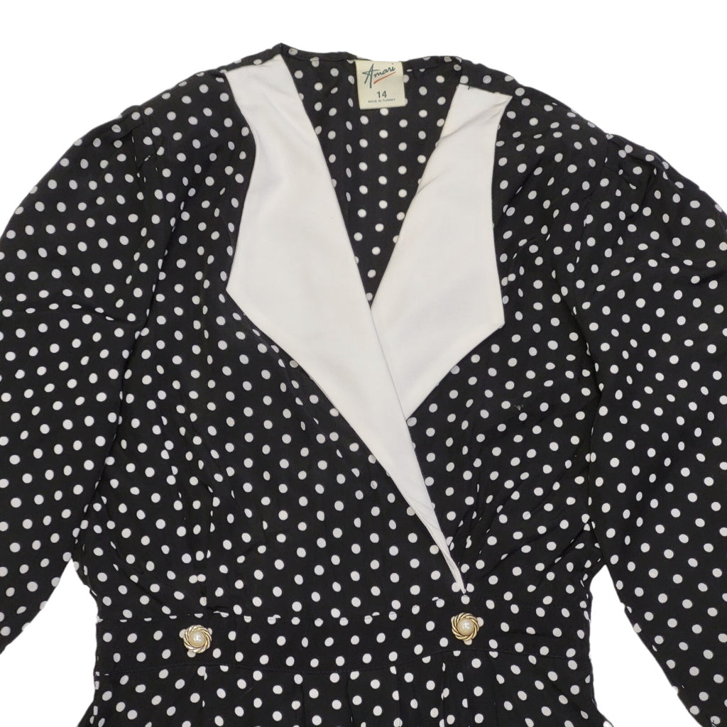 80s Vintage Black & White Polka Dot Collared Tea Dress Women's 14