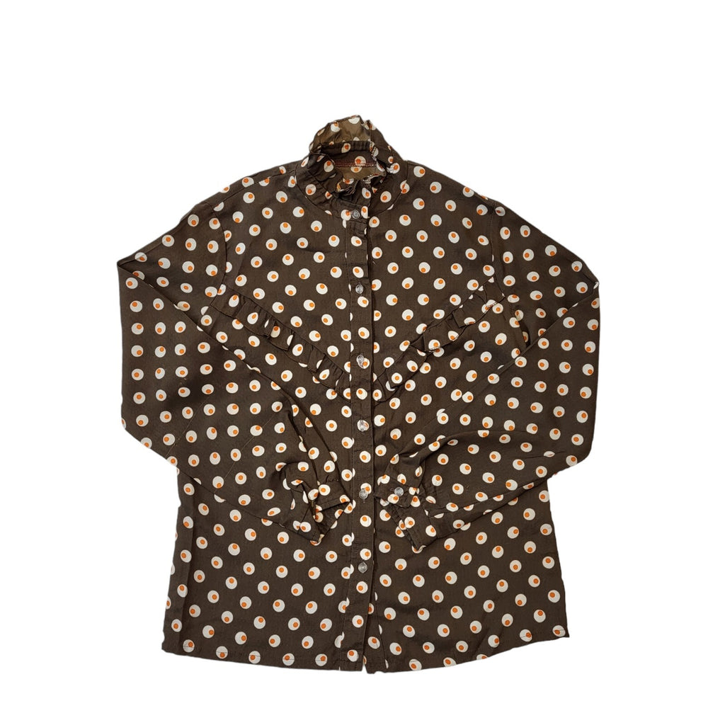 70s Vintage Brown Print Blouse Women's Size Medium 10-12