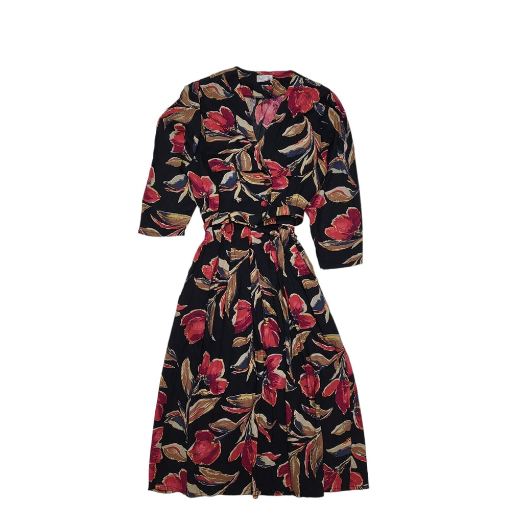 Paul Poly 80s Vintage Black & Red Floral Belted Daywear Dress Women's 12/14