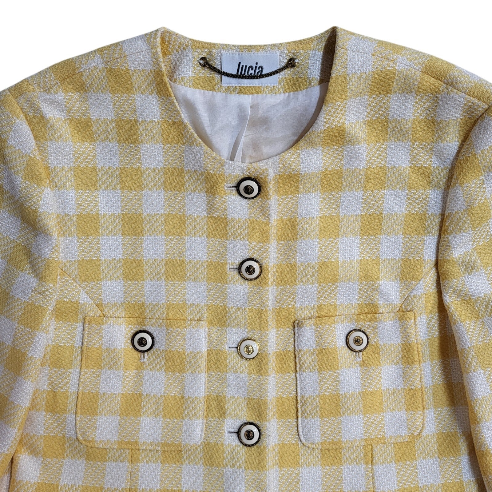 Lucia Yellow & White 90s Button Check Jacket UK Women's Size 12