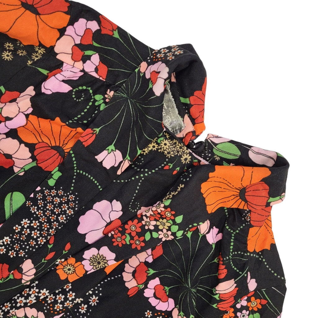 Tru Poise Fashions 70s Vintage Black & Orange Floral Long Sleeve Dress Womens 12