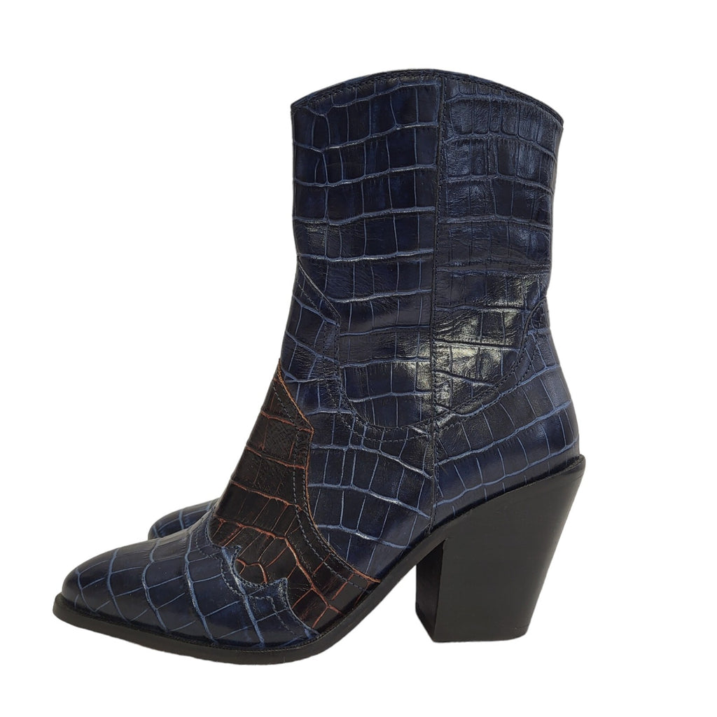 Urban Outfitters Blue Black Leather Slip-on Heels Boots Uk Women's Size 5