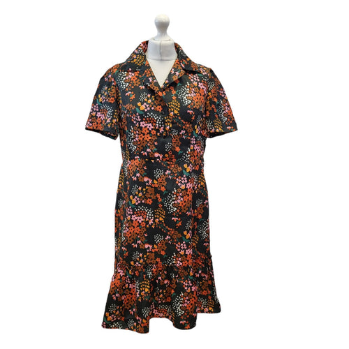 70s Vintage Black & Pink Floral Dress Women's Size 14 EU 42