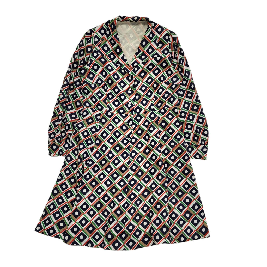 70s Vintage Blue, White, Green & Brown Geometric Collared Dress Women's 14