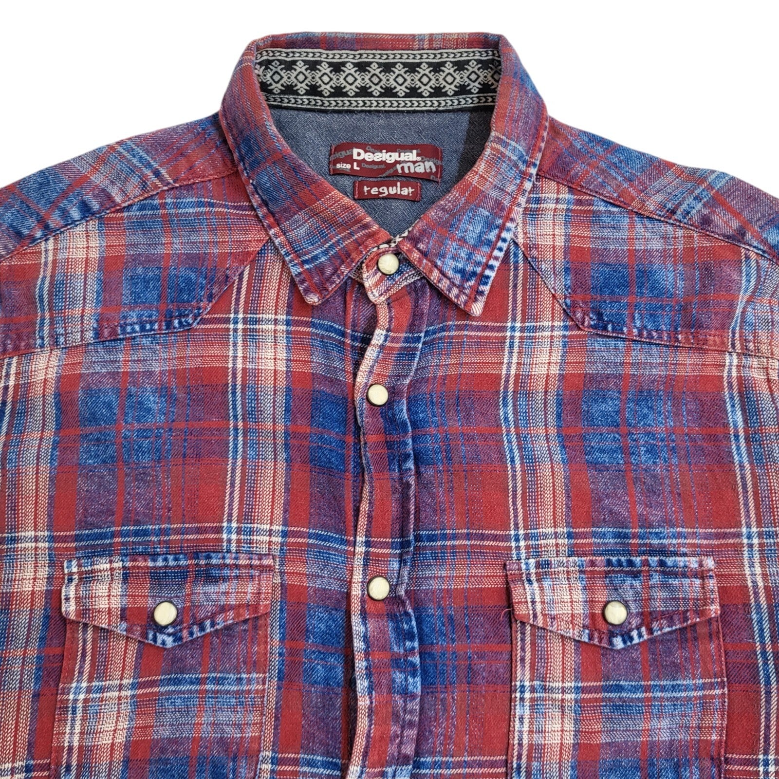 Desigual Y2k Red & Blue Check Pearl Snap Long Sleeve Shirt Uk Men's Size Large