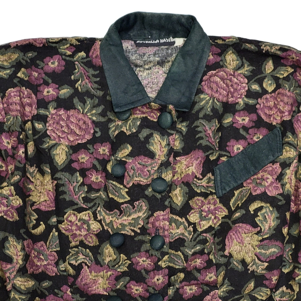80s Vintage Black Floral Button Daywear Dress Women's 12/14