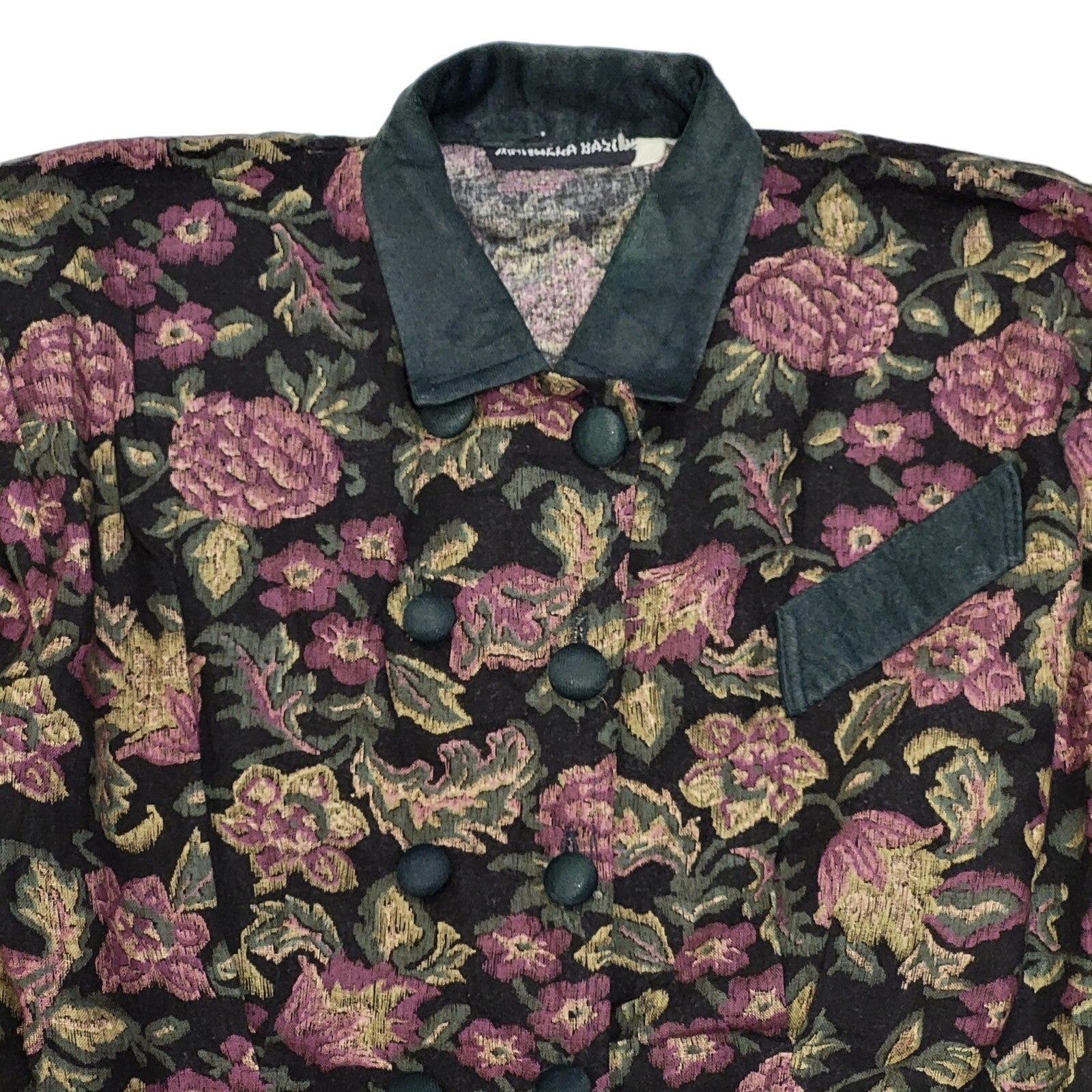 80s Vintage Black Floral Button Daywear Dress Women's 12/14