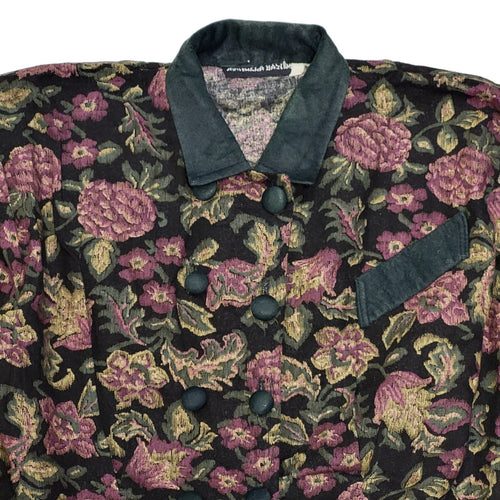 80s Vintage Black Floral Button Daywear Dress Women's 12/14