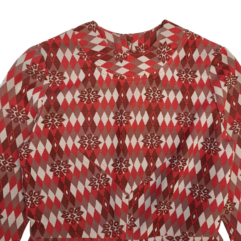 70s Vintage Red Geometric Long Sleeve Shift Dress Women's 12