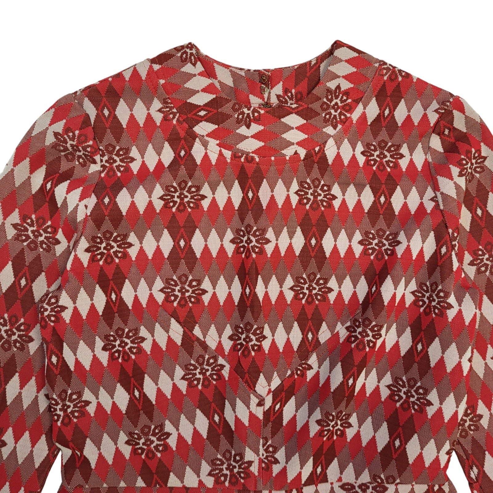 70s Vintage Red Geometric Long Sleeve Shift Dress Women's 12