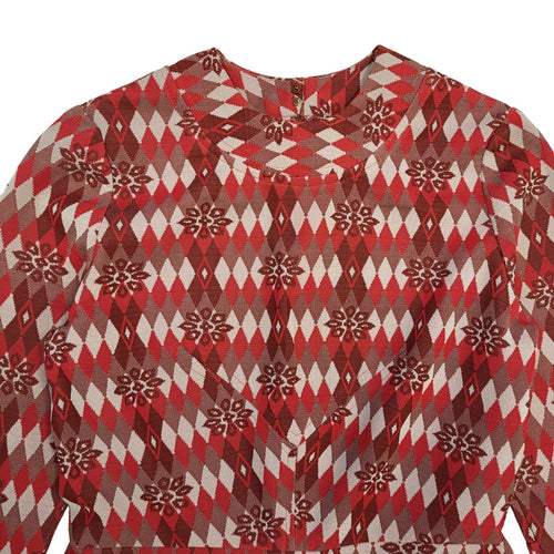 70s Vintage Red Geometric Long Sleeve Shift Dress Women's 12
