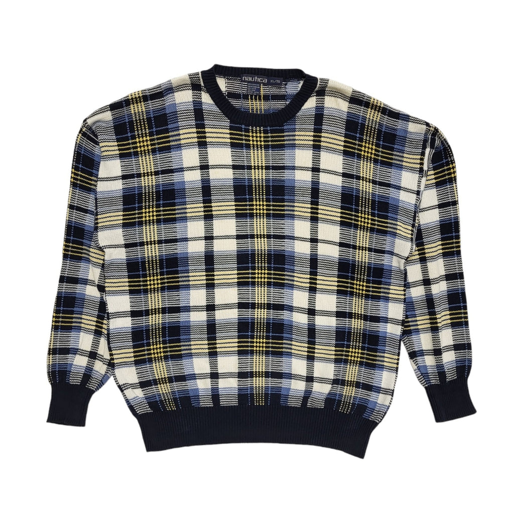 Nautica Vintage 90s Blue & White Check Crew Neck Jumper Uk Men's Size XL