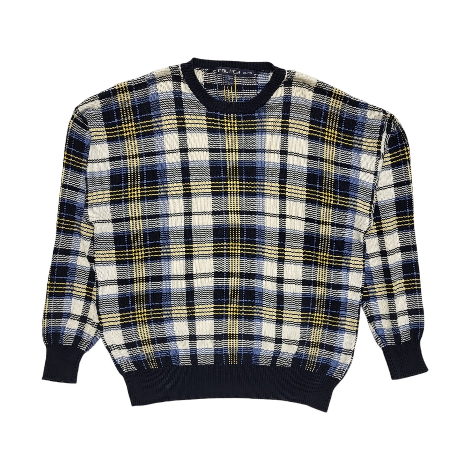 Nautica Vintage 90s Blue & White Check Crew Neck Jumper Uk Men's Size XL