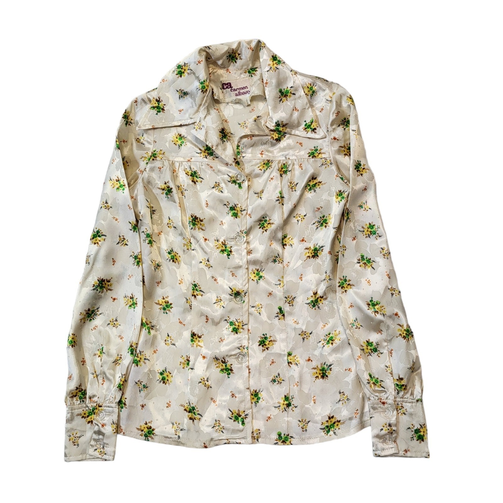 Carmen Albany 70s Vintage Cream & Green Floral Blouse Women's Size 12